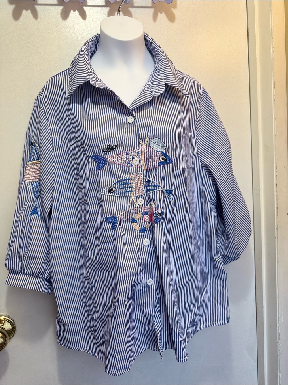 Striped Blue Embroidered Fish Button-Up Shirt for Kids
